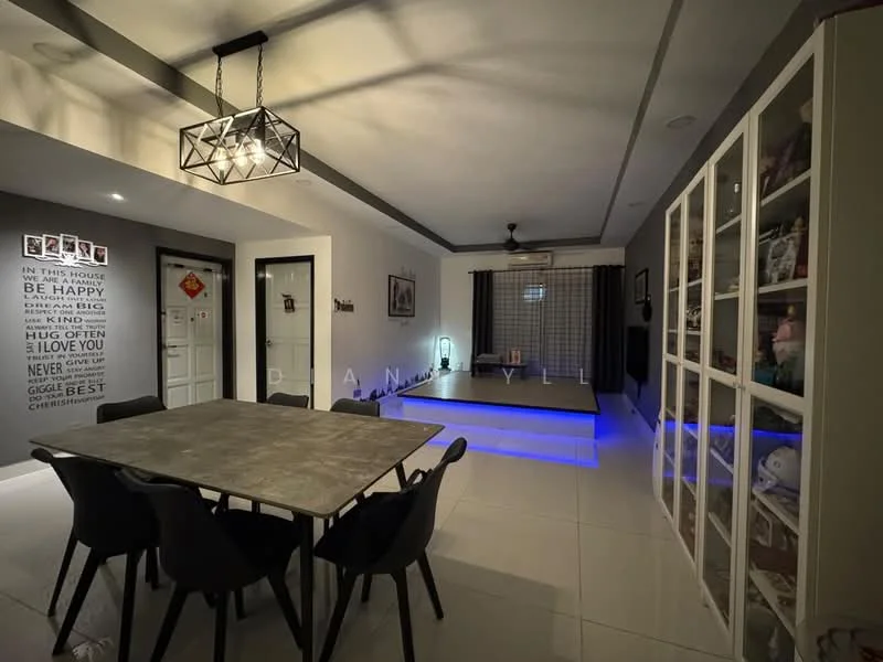 Dining features: 6-seater dining table, black dining chairs, pendant light fixture, white walls, grey tiled flooring, decorative wall with text, framed artwork on walls, recessed ceiling lights; style: modern. Living features: wooden platform area, LED strip lighting, ceiling fan, large window with curtains, decorative shelving unit, plush toys on display, grey accent wall, neutral color palette; style: modern.