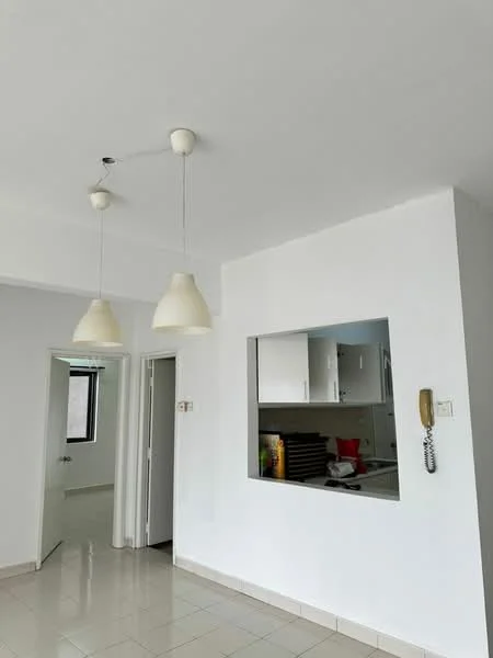 Room features: white painted walls, ceiling with pendant lights, tile flooring, open kitchen layout, doorway leading to another room, window with natural light, telephone intercom, kitchen pass-through window; style: modern.