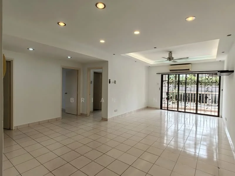 Living features: white painted walls, tile flooring, tray ceiling with recessed lighting, 5-blade ceiling fan with light, floor-to-ceiling sliding glass doors, window treatments, air conditioning unit, open layout, access to outdoor space; style: modern; view: garden. Room features: white painted walls, tile flooring, doorway leading to another room.