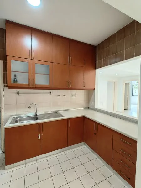 Kitchen features: brown wooden cabinetry, white countertop, single-bowl stainless-steel sink, chrome faucet, tile backsplash, white tiled flooring, recessed ceiling lights, glass-front upper cabinets; style: modern.
