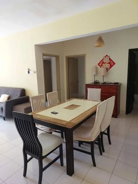 Dining features: 6-seater dining table with wooden top, black wooden dining chairs with upholstered seats, light beige walls, white tiled flooring, pendant light fixture, decorative wall art, sideboard cabinet, doorways leading to other rooms; style: modern.
