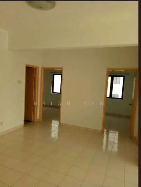 Room features: white painted walls, tile flooring, ceiling light fixture, two doorways leading to other rooms, two windows, neutral color scheme; style: modern.