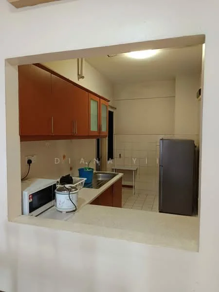 Kitchen features: brown wooden cabinetry, white countertop, stainless-steel sink, single-bowl stainless-steel sink, chrome pull-down faucet, built-in microwave, freestanding fridge, tile flooring, white tiled backsplash, wall-mounted electrical outlet, open layout to living area; style: modern.