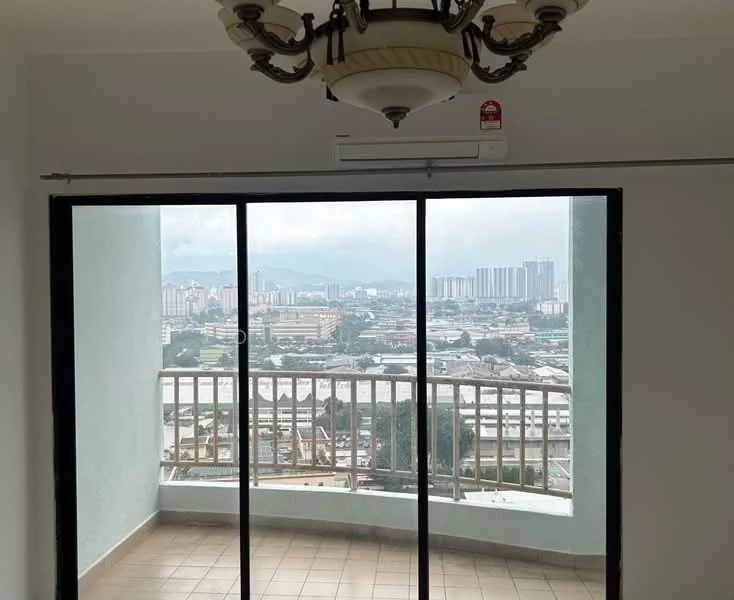 Room features: floor-to-ceiling sliding glass doors, city skyline view, tiled flooring, chandelier with multiple bulbs, wall-mounted air conditioning unit, white painted walls, balcony railing; style: modern; view: city.