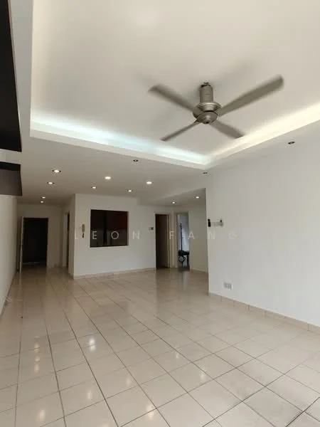 Living features: white painted walls, glossy tile flooring, 5-blade ceiling fan with light, recessed downlights, multiple ceiling lights, open layout, neutral color scheme, large windows, doorway leading to other rooms; style: modern.