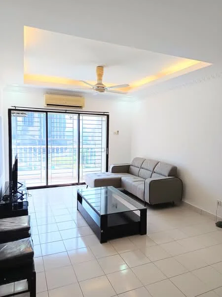 Living features: sofa in grey, 3-seater fabric sofa, coffee table in black, wall-mounted TV, TV console, 5-blade ceiling fan with light, recessed downlights, floor-to-ceiling sliding glass door, white painted walls, white ceiling, tile flooring, air conditioning unit; style: modern; view: city.