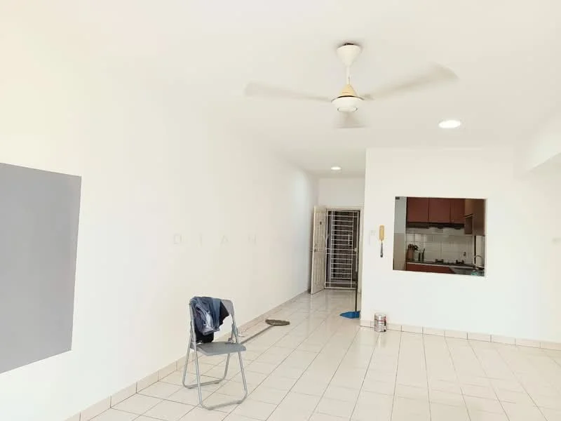 Living features: white painted walls, ceramic tile flooring, 5-blade ceiling fan, recessed downlights, open kitchen layout, window with view to kitchen, chair, doorway to kitchen.