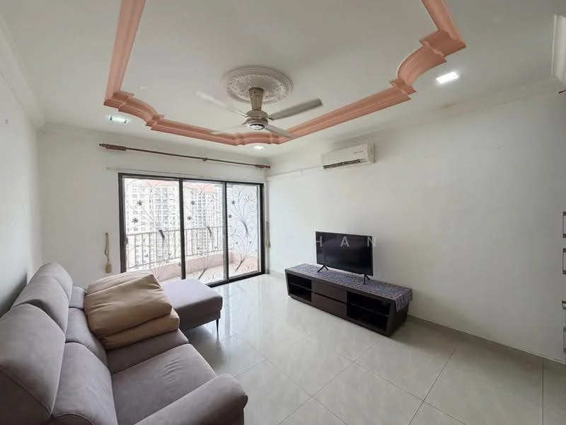Living features: grey fabric sofa, coffee table, wall-mounted TV, TV console, recessed downlights, ceiling fan with light, sliding glass door, floor-to-ceiling windows, cream painted walls, glossy tile flooring, decorative ceiling with crown moulding, air conditioning unit; style: modern; view: city.