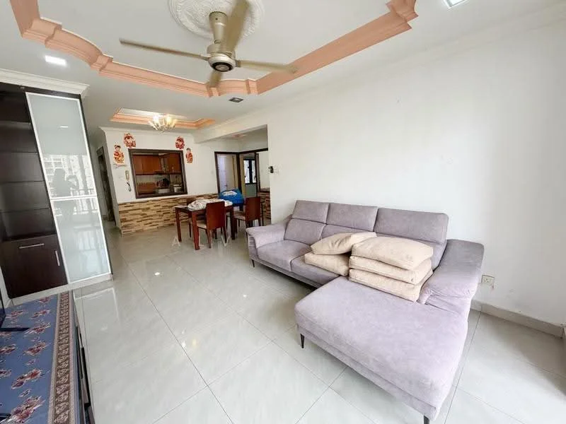 Living features: 3-seater fabric sofa in light grey, sectional sofa with chaise, white painted walls, recessed downlights, ceiling fan, marble tile flooring, decorative ceiling with crown moulding, area rug, TV console, open layout to dining area; style: modern. Dining features: dining table with chairs, wooden dining table, open layout to living area; style: modern.