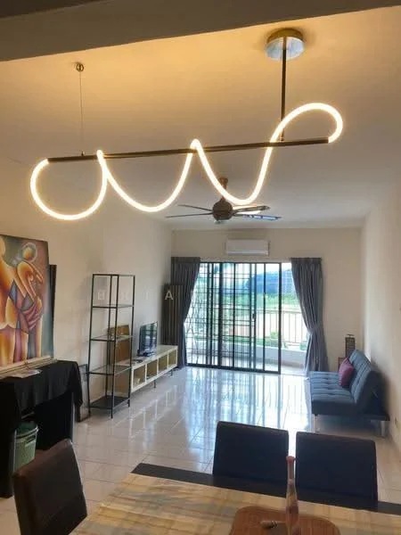 Living features: recessed downlights, modern pendant light, 5-blade ceiling fan, floor-to-ceiling sliding glass door, grey fabric sofa, TV console, wall-mounted TV, dining table with tablecloth, decorative wall art, curtains, tile flooring, open layout; style: modern; view: garden.