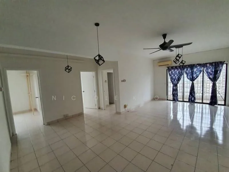 Living features: white painted walls, tile flooring, 5-blade ceiling fan, recessed downlights, floor-to-ceiling windows, sheer curtains, sliding glass door, open layout, air conditioning unit, decorative light fixtures; style: modern; view: city.