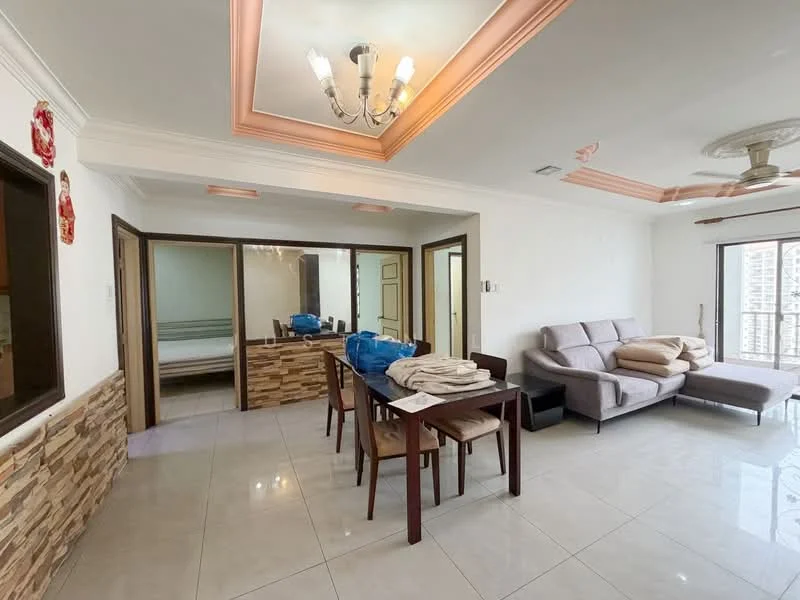 Living features: grey fabric sofa, 3-seater sofa, wooden dining table, 4 dining chairs, chandelier with multiple bulbs, tray ceiling with recessed lighting, cream painted walls, stone feature wall, large windows with natural light, polished tile flooring, ceiling fan; style: modern. Room features: bedroom visible through doorway, wooden wardrobe, bed with bedding.
