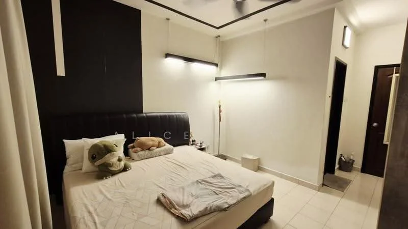 Bedroom features: king-size bed with black upholstered headboard, white bedding, decorative pillows, wall-mounted pendant lights, black accent wall, white painted walls, recessed ceiling with lighting, tiled flooring, sliding door to bathroom, small bedside table, decorative plush toys; style: modern.