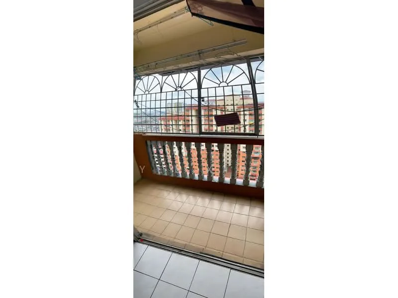 Balcony features: tiled flooring, metal railing with decorative pattern, glass sliding door, overhead clothes drying rack, city view, covered area; view: city.