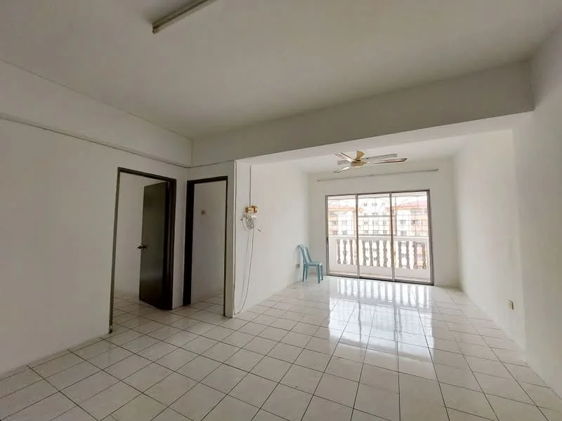 Living features: white painted walls, glossy white tile flooring, 5-blade ceiling fan, sliding glass door, floor-to-ceiling windows, balcony view, natural light, neutral decor; style: minimalist; view: city. Room features: grey door, white walls, tile flooring.