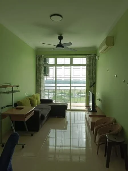Living features: green painted walls, glossy tile flooring, 5-blade ceiling fan with light, floor-to-ceiling windows, curtains, L-shape sectional sofa in dark grey, wooden coffee table, TV console, wall-mounted TV, 2 rattan chairs, air conditioning unit; style: modern; view: city.
