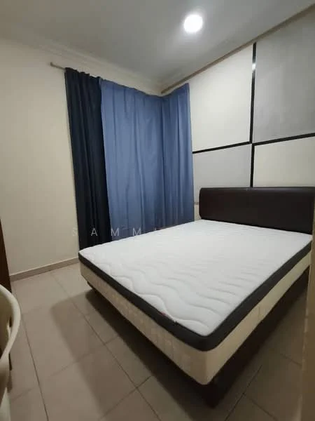 Bedroom features: queen-size bed, mattress on bed frame, blue curtains, white painted walls, tile flooring, ceiling light, built-in wardrobe, decorative wall panels; style: modern.