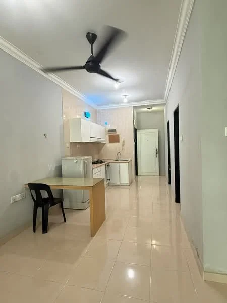 Kitchen features: white cabinetry, black countertop, stainless-steel fridge, built-in oven, 4-burner gas hob, single-bowl stainless-steel sink, chrome pull-down faucet, wall-mounted split AC, pendant light, ceiling fan, tile flooring, cream painted walls, dining table, black plastic chair; style: modern.