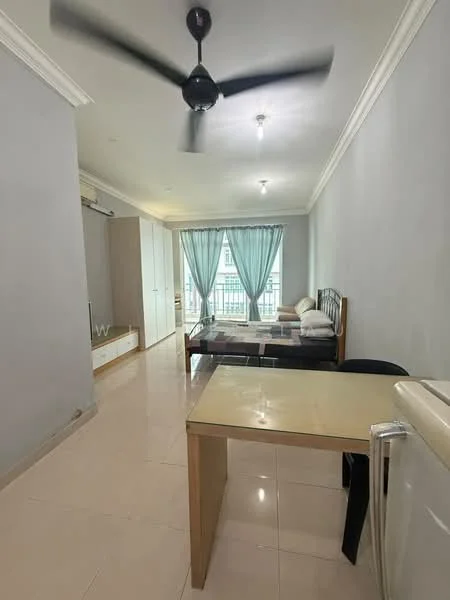 Room features: light grey painted walls, white ceiling with crown moulding, floor-to-ceiling windows with sheer curtains, black ceiling fan, tile flooring, double bed with white bedding, wooden wardrobe, study desk with transparent top, black chair, air conditioning unit, sofa with white cushions; style: modern; view: city.