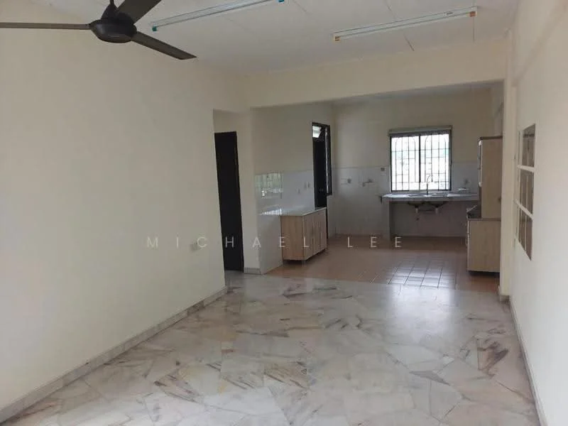 Living features: marble flooring, white painted walls, ceiling fan, large window with grid pattern, open layout to kitchen, natural light from window, neutral color scheme, no visible furniture; style: modern. Kitchen features: tile flooring, white cabinetry, countertop with space for appliances, window above sink, open layout to living area; style: modern.