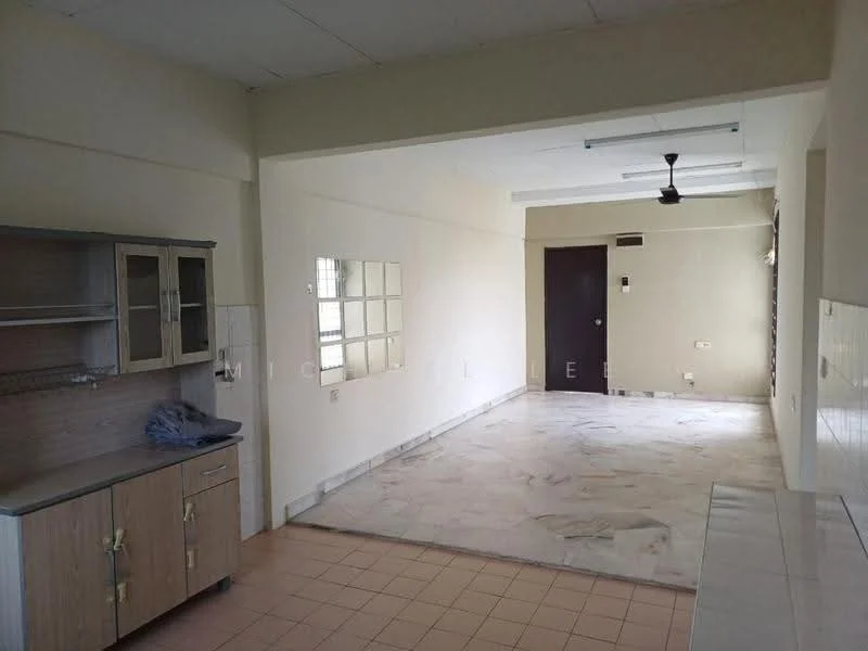 Living features: marble flooring, white painted walls, ceiling fan, large windows, wooden cabinetry, mirror wall, door to exterior, tile flooring in kitchen area.