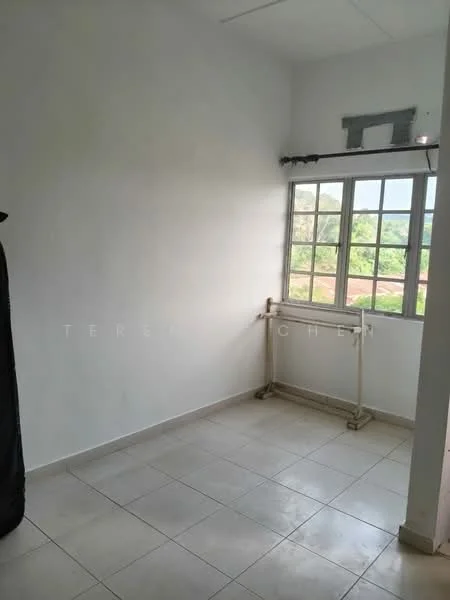 Room features: white painted walls, tile flooring, window with multiple panes, natural light from window, plain ceiling, metal railing, view of greenery outside; style: minimalist; view: garden.