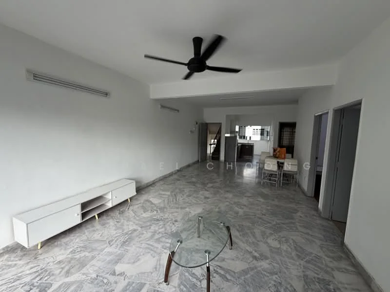 Living features: marble flooring, white painted walls, 5-blade ceiling fan, large glass coffee table, TV console, dining area visible in background, open layout, natural light from windows; style: modern.