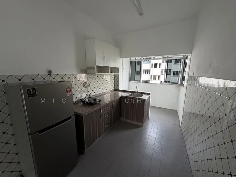Kitchen features: stainless-steel fridge, single-bowl stainless-steel sink, chrome pull-down faucet, granite countertop, white upper cabinets, dark wood lower cabinets, white tiled backsplash, grey tiled flooring, window with view of building courtyard, fluorescent ceiling lights; style: modern; view: courtyard.