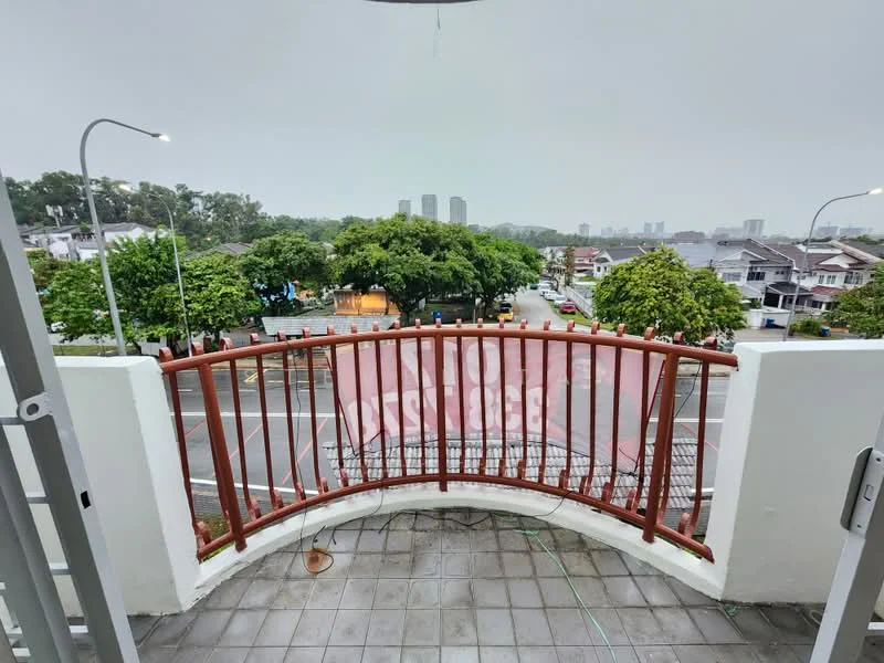 Room features: curved balcony railing, grey tiled flooring, overhead light fixture, view of surrounding greenery, view of city skyline, street view, concrete wall, sliding door access; view: city.