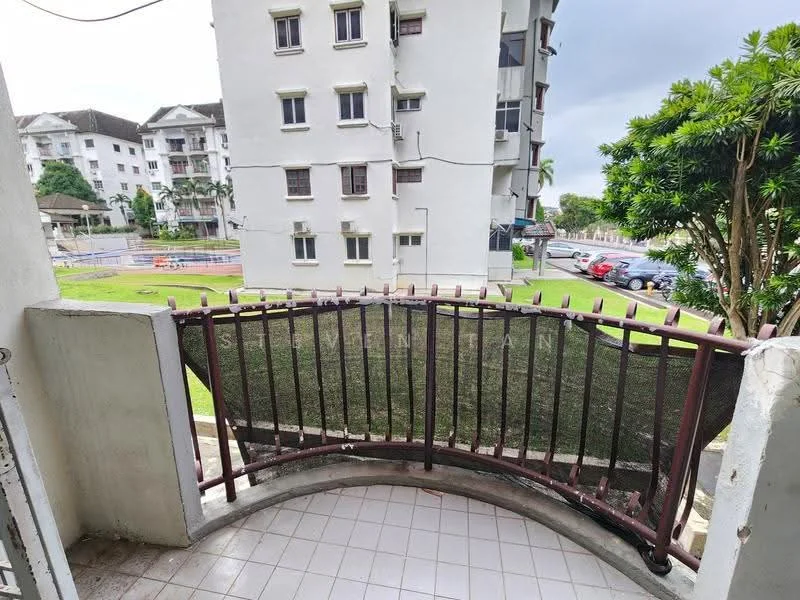 Room features: balcony, metal railing, tiled flooring, view of green lawn, view of parking area, surrounding residential buildings, partially covered area; view: garden.