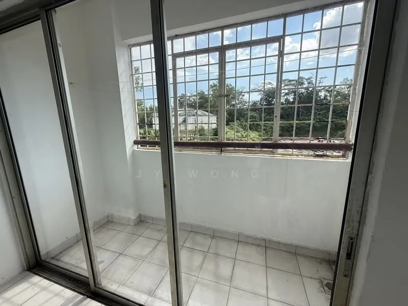 Room features: sliding glass door, floor-to-ceiling windows, white painted walls, tile flooring, grid-patterned window bars, natural light from windows, view of greenery outside; view: garden.