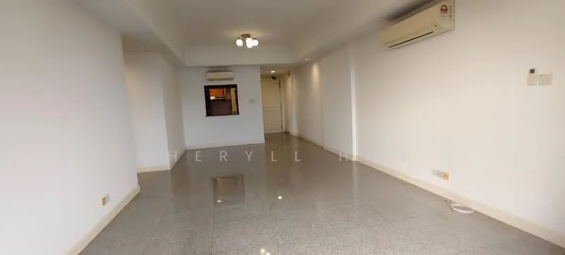 Living features: white painted walls, grey tiled flooring, recessed downlights, 1 wall-mounted split AC, 2 ceiling lights, open layout, doorway leading to hallway, window opening to kitchen; style: modern.