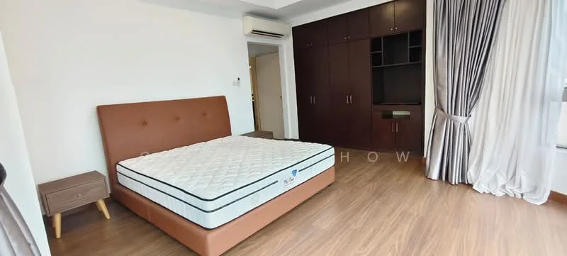 Bedroom features: king-size bed with brown upholstered headboard, wooden bedside table, built-in wardrobe with dark wood finish, floor-to-ceiling window with sheer curtains, laminate flooring, air conditioning unit, decorative wall paneling, neutral wall color; style: modern.