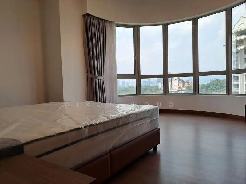 Bedroom features: king-size bed with mattress, floor-to-ceiling windows, curtains, wooden flooring, neutral painted walls, city view, corner room layout, built-in wardrobe; style: modern; view: city.