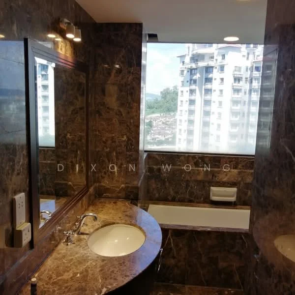 Bathroom features: marble wall cladding, marble flooring, round white sink, chrome basin mixer faucet, large framed mirror, built-in bathtub, window with city view, toilet paper holder, light fixture above mirror, vanity with curved countertop; style: luxury; view: city.