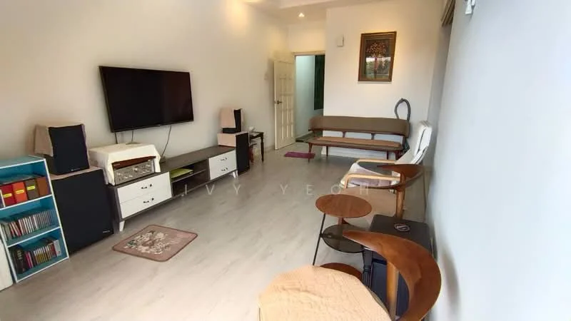 Living features: light wood laminate flooring, white painted walls, wall-mounted flat-screen TV, white TV console, black side table, brown wooden bench, two wooden chairs, framed artwork on wall, area rug, open layout, natural light from windows; style: modern.