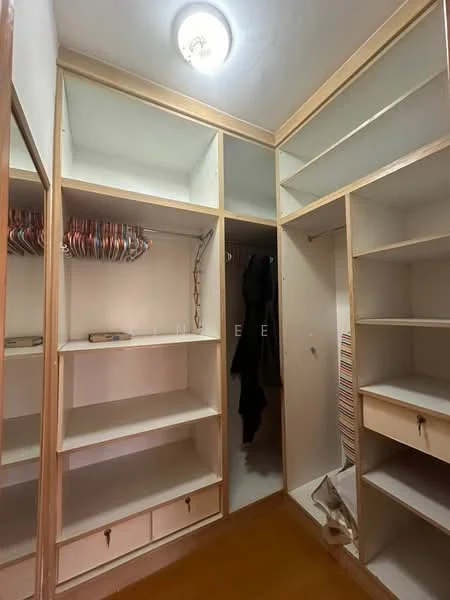 Room features: built-in shelving, hanging space for clothes, drawers, light fixture on ceiling, wooden cabinetry, neutral wall color, wooden flooring.