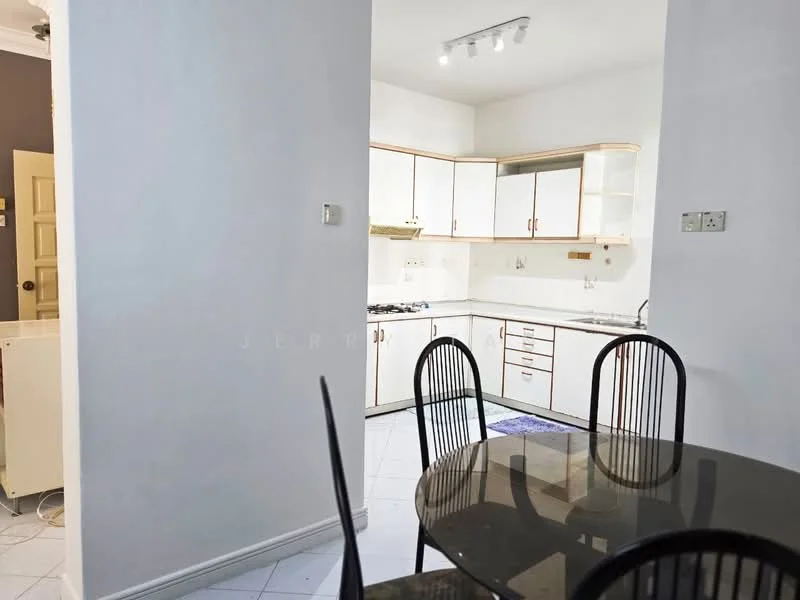 Kitchen features: white cabinetry, stainless-steel sink, chrome pull-down faucet, gas hob, built-in oven, white tiled backsplash, white walls, recessed lighting, tile flooring, dining table with black chairs; style: modern.