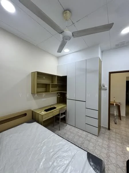 Bedroom features: queen-size bed, wooden headboard, study desk, built-in wardrobe with white doors, open shelving, ceiling fan with light, recessed downlights, tiled flooring, neutral wall color, window with curtain, chair; style: modern.