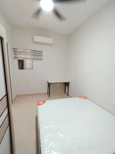 Bedroom features: single bed with mattress, table, wall-mounted split AC, ceiling fan, light fixture, cream painted walls, tile flooring, window with blinds, built-in wardrobe with sliding doors.