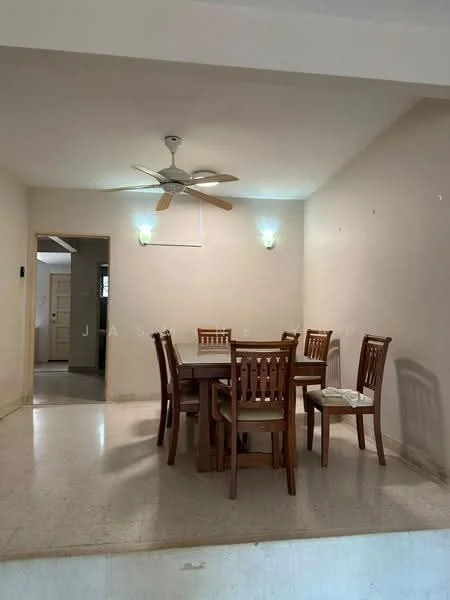 Dining features: wooden dining table, 6 wooden dining chairs, ceiling fan with light, wall-mounted sconces, cream painted walls, marble flooring, window with natural light, neutral decor; style: modern. Room features: cream painted walls, marble flooring, doorway leading to another room.