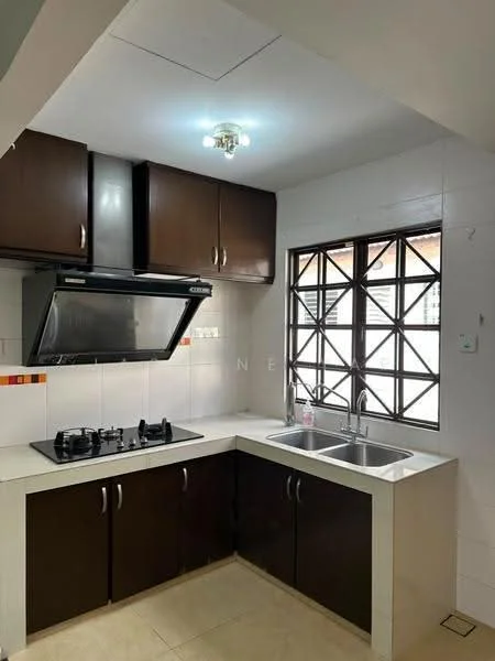 Kitchen features: brown wooden cabinetry, white countertop, stainless-steel sink, chrome pull-down faucet, 4-burner gas hob, built-in range hood, white tiled backsplash, window with grid design, ceiling light fixture, cream tiled flooring; style: modern.