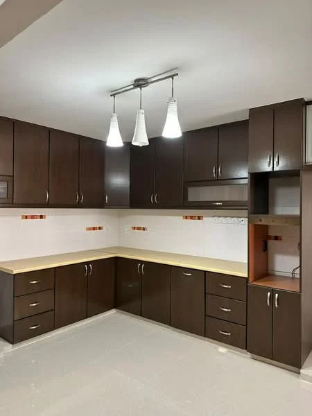 Kitchen features: dark wood cabinetry, laminate countertop, ceramic tile flooring, white tiled backsplash, 3 pendant lights, built-in oven space, multiple drawers, under-cabinet lighting, open shelving, kitchen island, stainless-steel sink; style: modern.