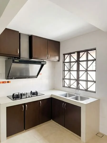 Kitchen features: dark wood cabinetry, white countertop, stainless-steel sink, chrome faucet, built-in gas hob, stainless-steel range hood, white tiled backsplash, window with grid design, cream tiled flooring; style: modern.