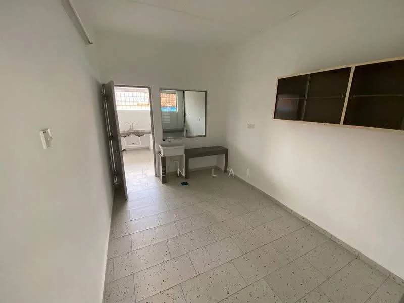 Room features: white painted walls, tile flooring, mirror, vanity with sink, built-in shelving, door leading to outdoor area, window with grid pattern, light fixture.