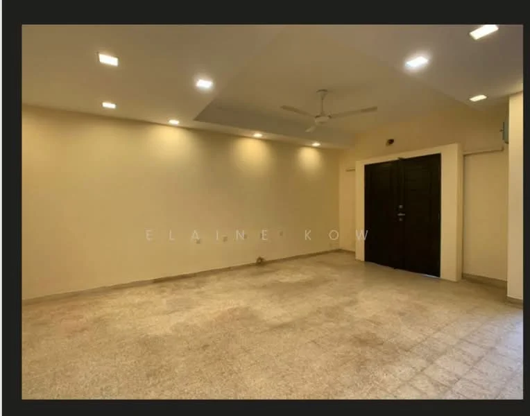 Room features: cream painted walls, dropped ceiling, recessed downlights, 5-blade ceiling fan, granite flooring, double doors, no visible windows, open layout; style: modern.
