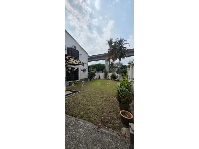 Exterior type: detached bungalow; features: manicured lawn, paved walkway, garden area, outdoor seating area with canopy, mature palm trees, surrounding greenery, visible air conditioning units, fence surrounding the property; style: modern.