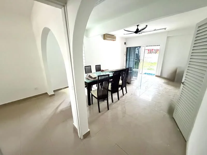Dining features: dining table with 8 chairs, white painted walls, cream tiled flooring, 5-blade ceiling fan with light, sliding glass door, floor-to-ceiling windows, natural light from outdoor view, air conditioning unit on wall; style: modern; view: garden. Room features: arched doorway, white painted walls, cream tiled flooring.