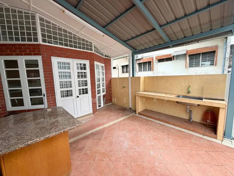 Room features: granite countertop, brick wall, white French doors, tile flooring, outdoor sink, covered roof, window with grille, exposed plumbing, open layout.