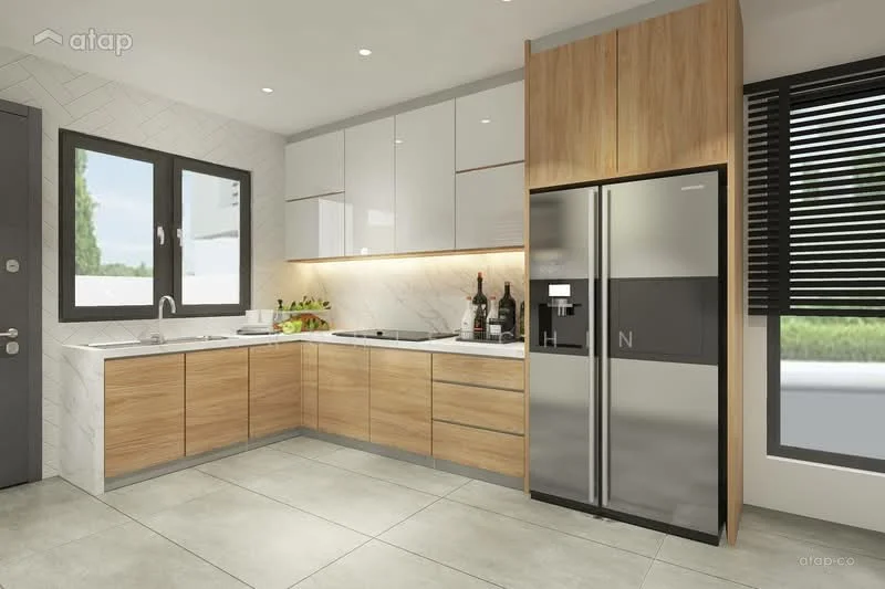 Kitchen features: L-shaped kitchen layout, white glossy upper cabinets, wooden lower cabinets, stainless-steel fridge, built-in oven, 4-burner gas hob, single-bowl stainless-steel sink, chrome pull-down faucet, white marble backsplash, grey tile flooring, window with black frames, under-cabinet lighting, decorative plants on countertop; style: modern; view: garden.
